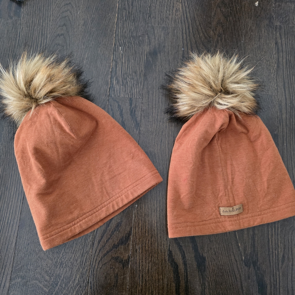 Kids' Rust Color Beanie with Faux Fur Pom